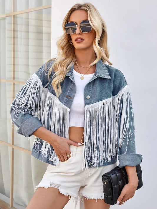 Tassel Button Up Dropped Shoulder Denim Jacket nicholesgifts