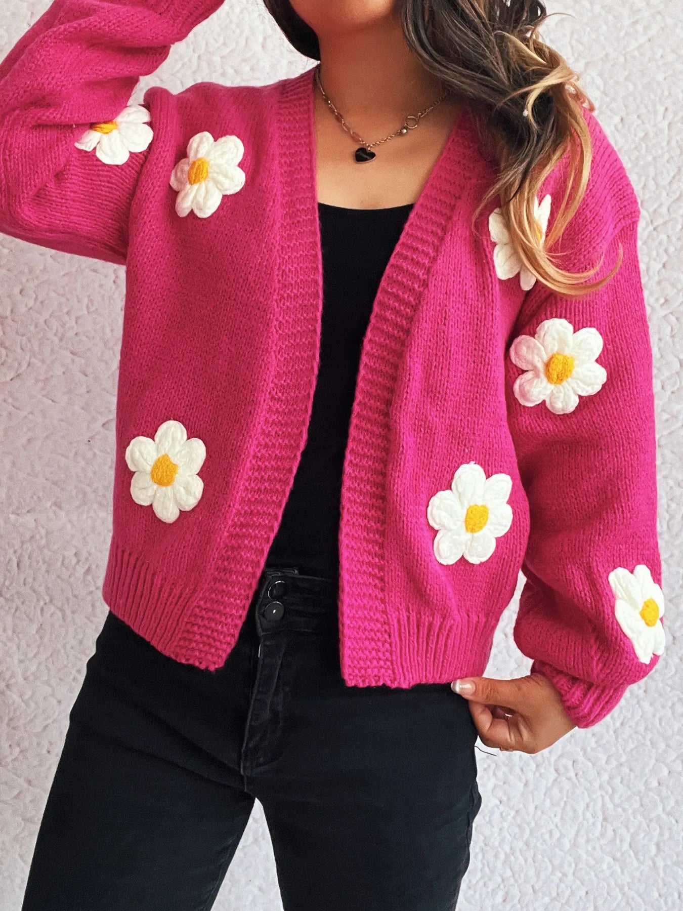 Flower Open Front Long Sleeve Cardigan