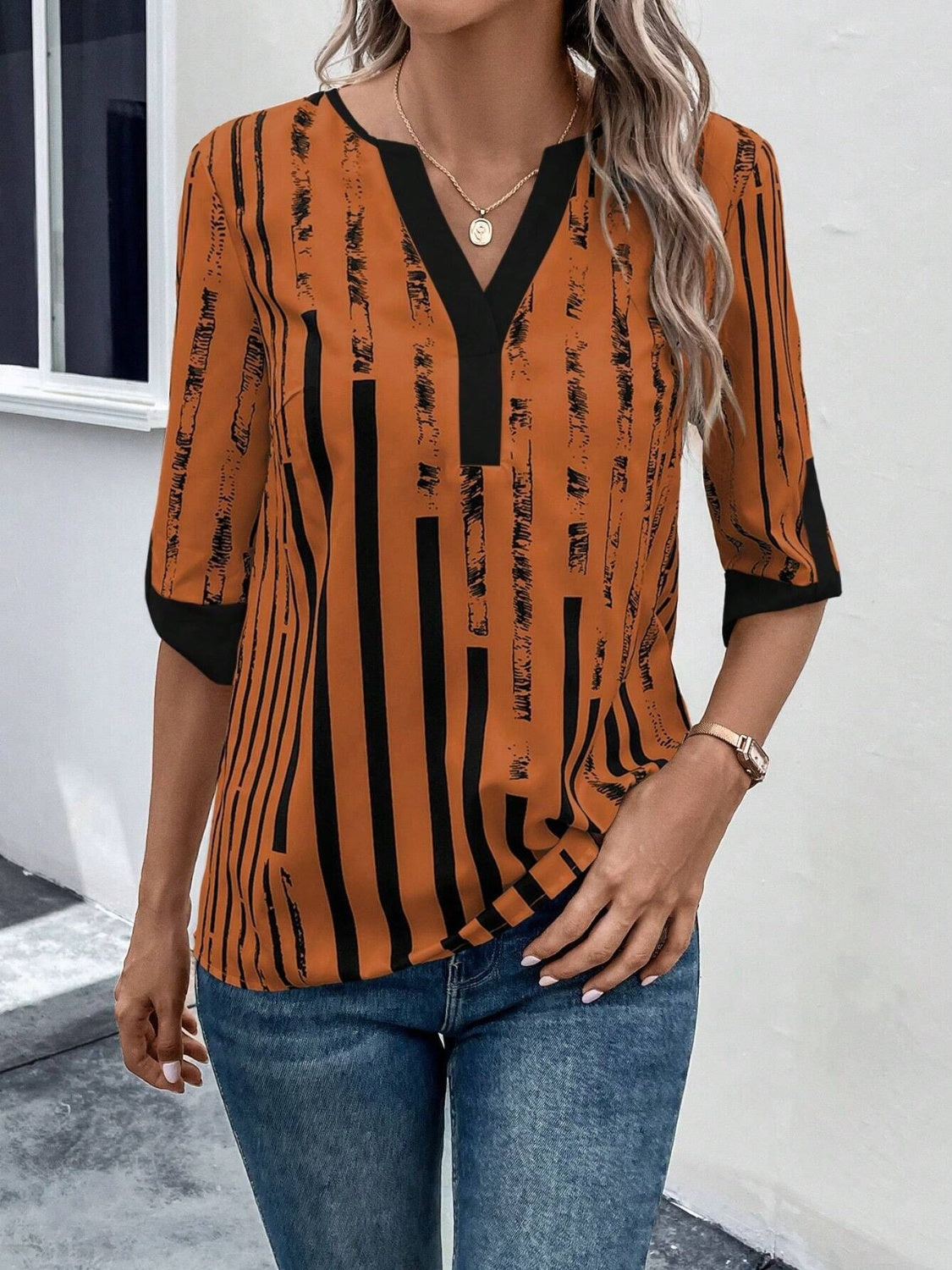 Striped Notched Half Sleeve Blouse nicholesgifts