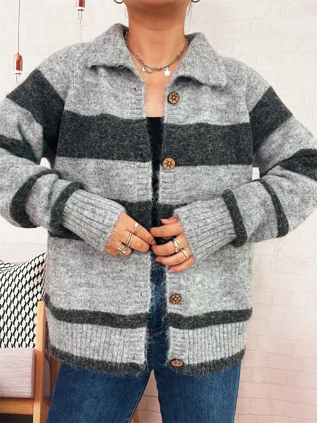Striped Button-Up Cozy Cardigan