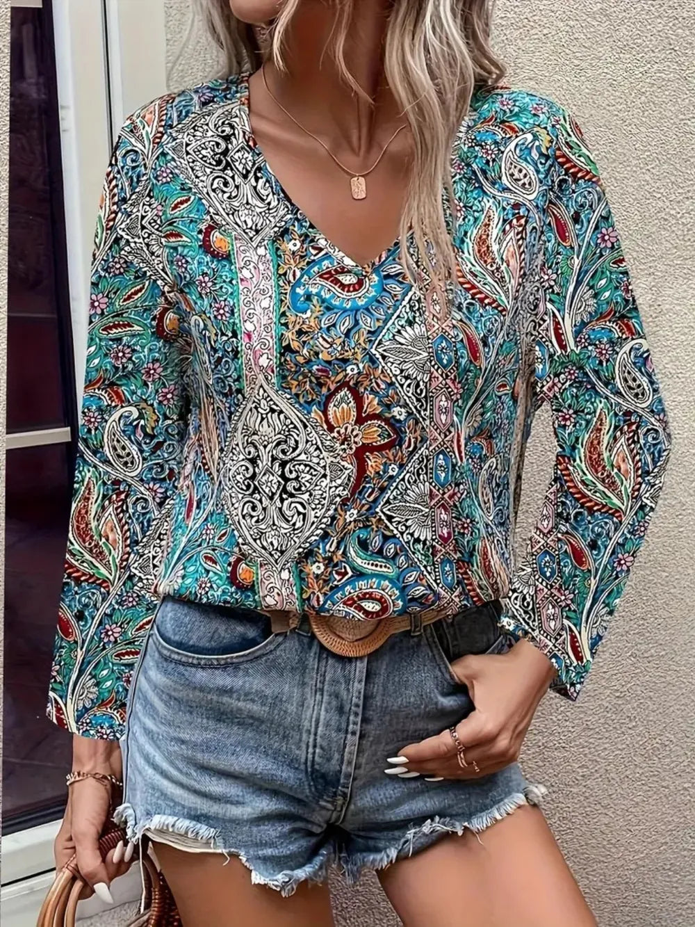 Printed V-Neck Long Sleeve Blouse NicholesGifts