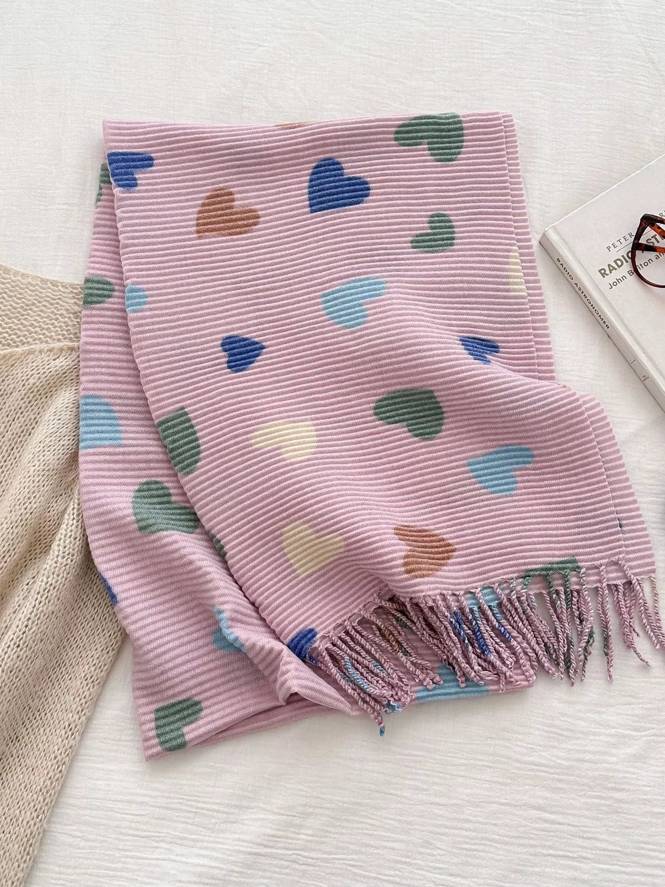Women Heart Patterned Tassel Scarf Valentine's Day Gift For Her nicholesgifts