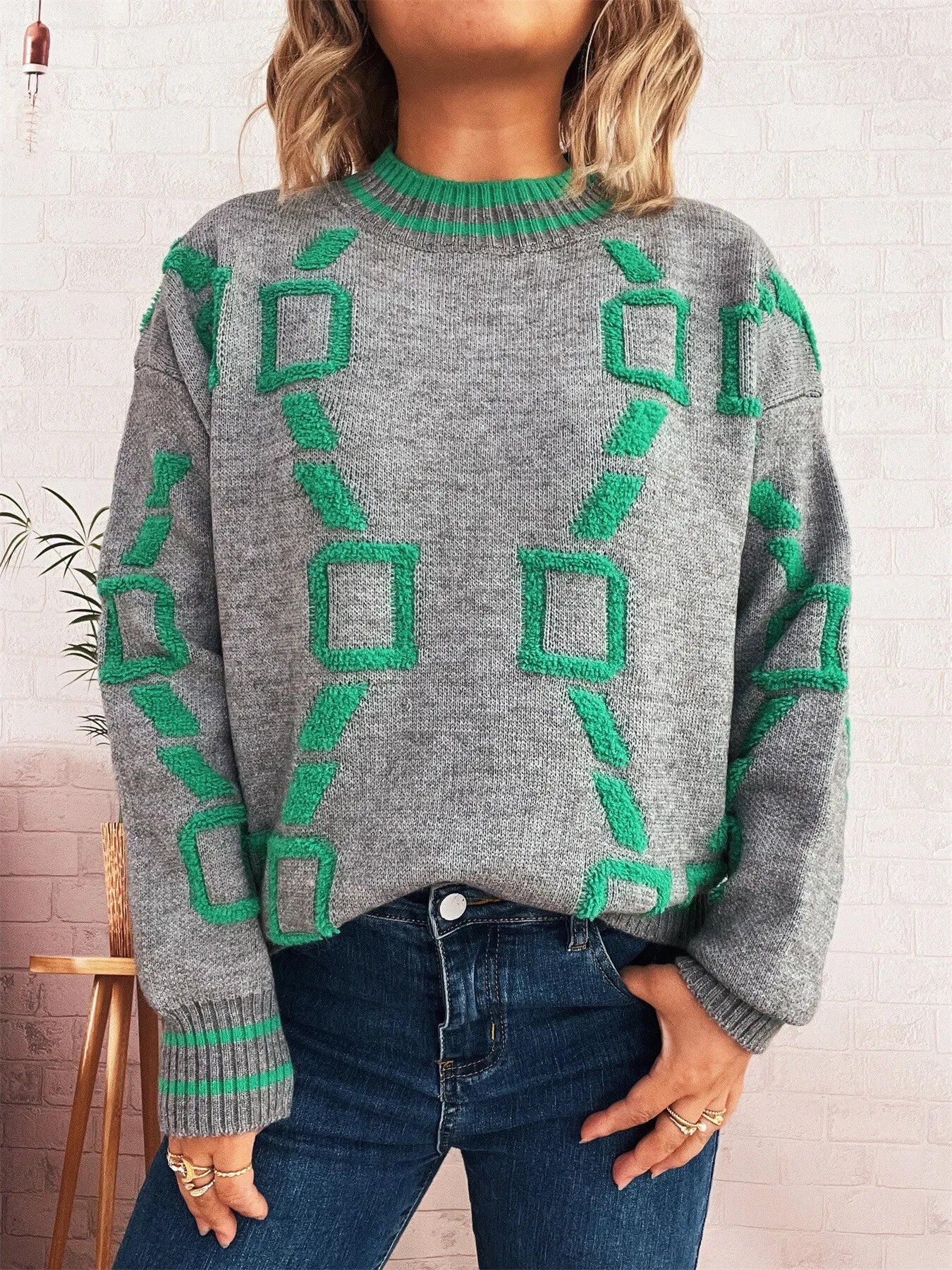 Contrast Round Neck Long Sleeve Sweater