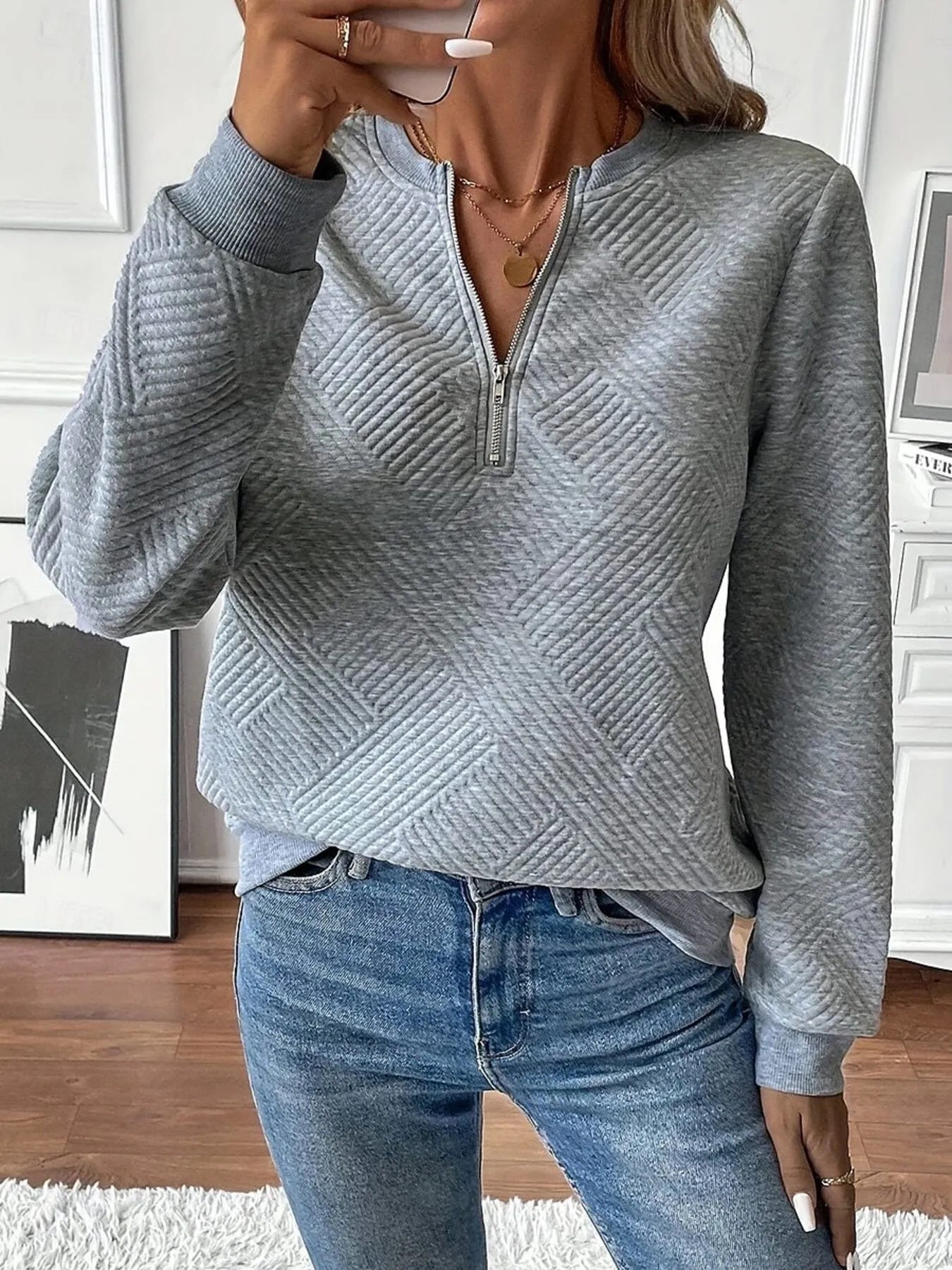 Quarter Zip Textured Long Sleeve Sweatshirt NicholesGifts