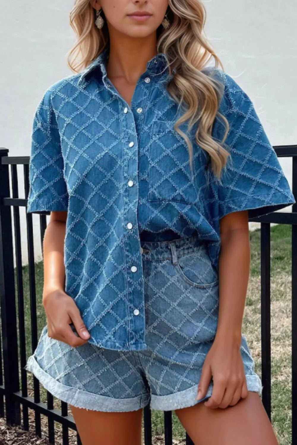 Pocketed Collared Neck Short Sleeve Denim Shirt Trendsi