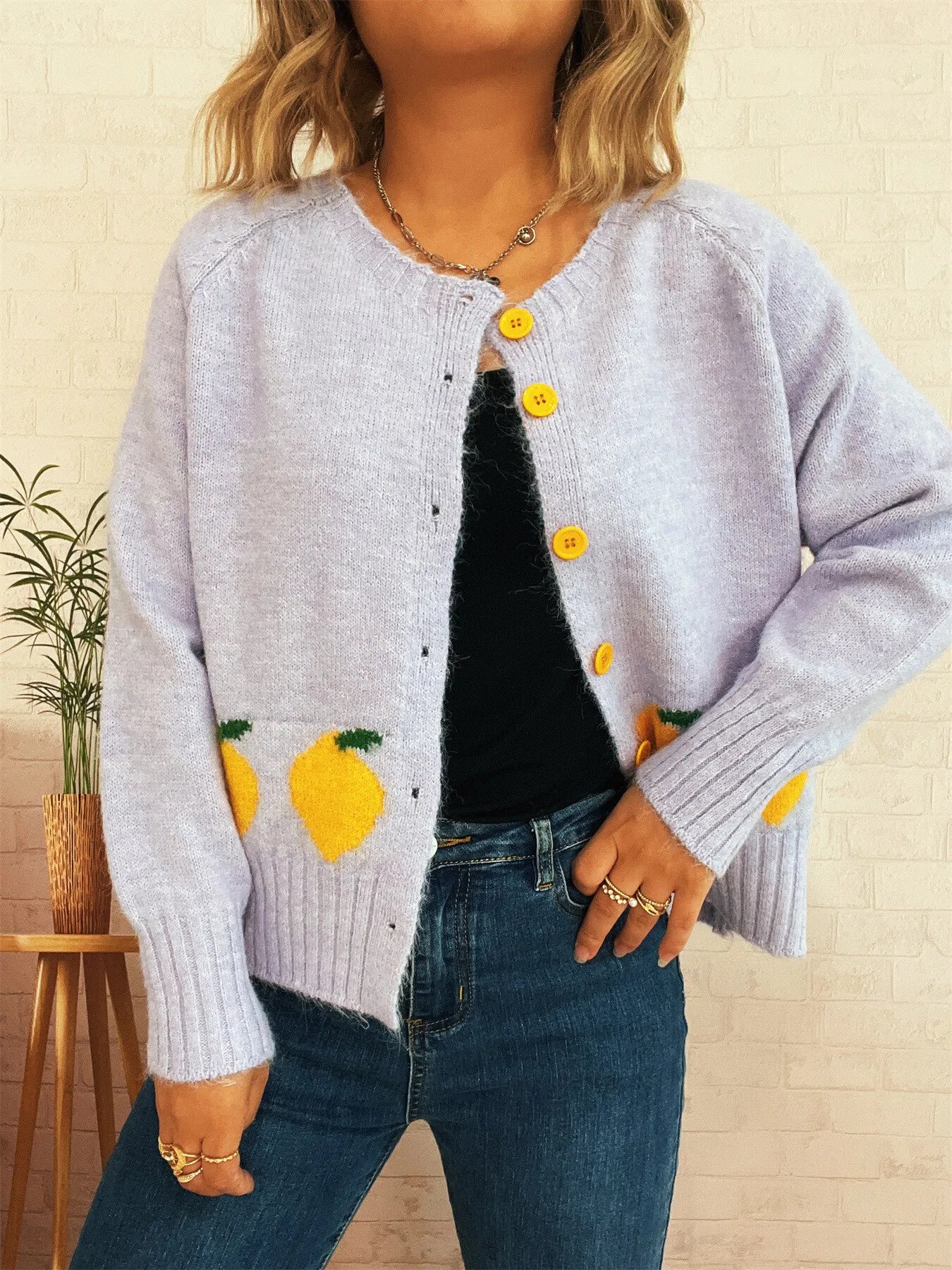 Lemon Pattern Button-Up Cardigan