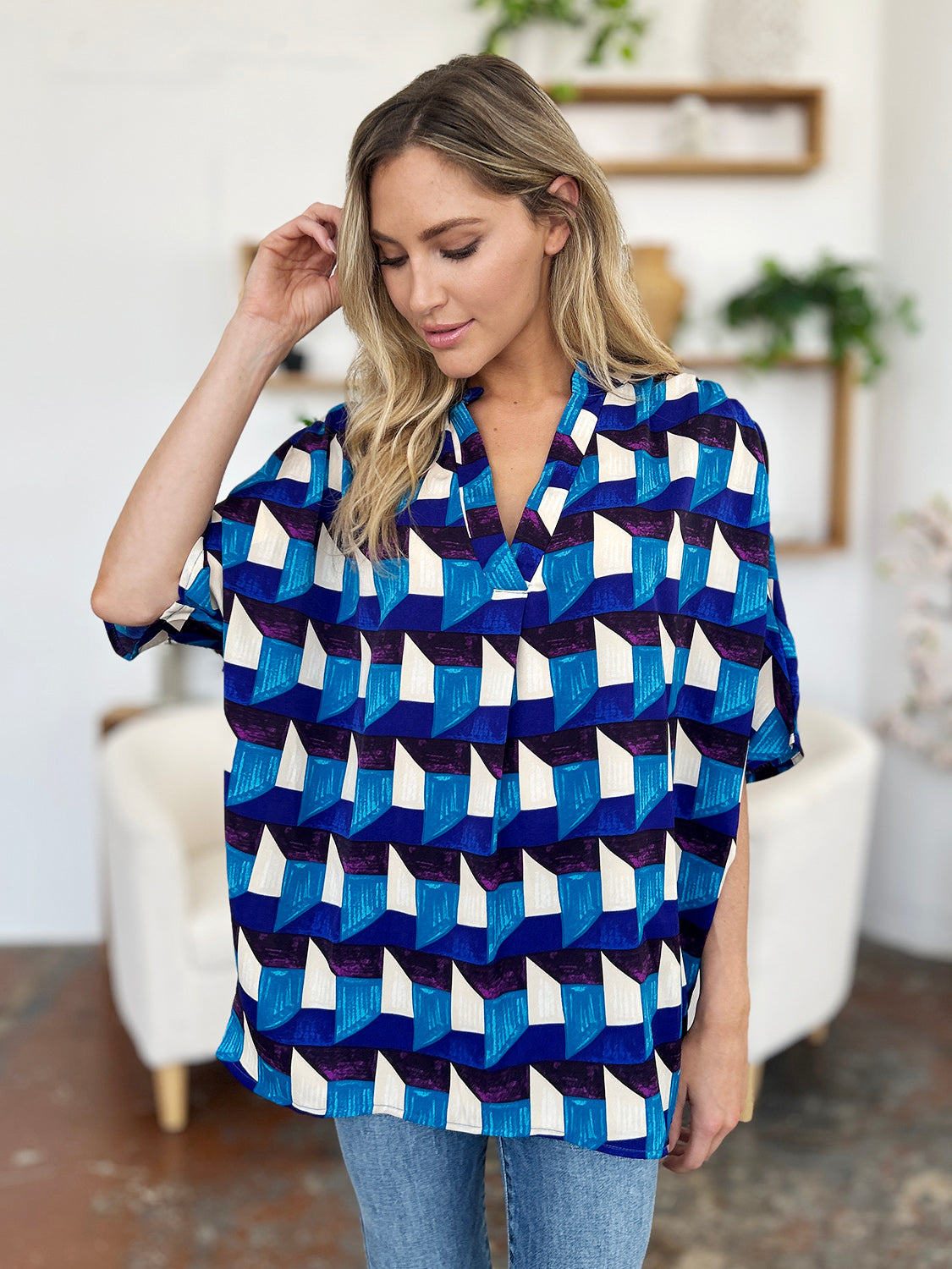 Double Take Full Size Geometric Notched Half Sleeve Blouse nicholesgifts