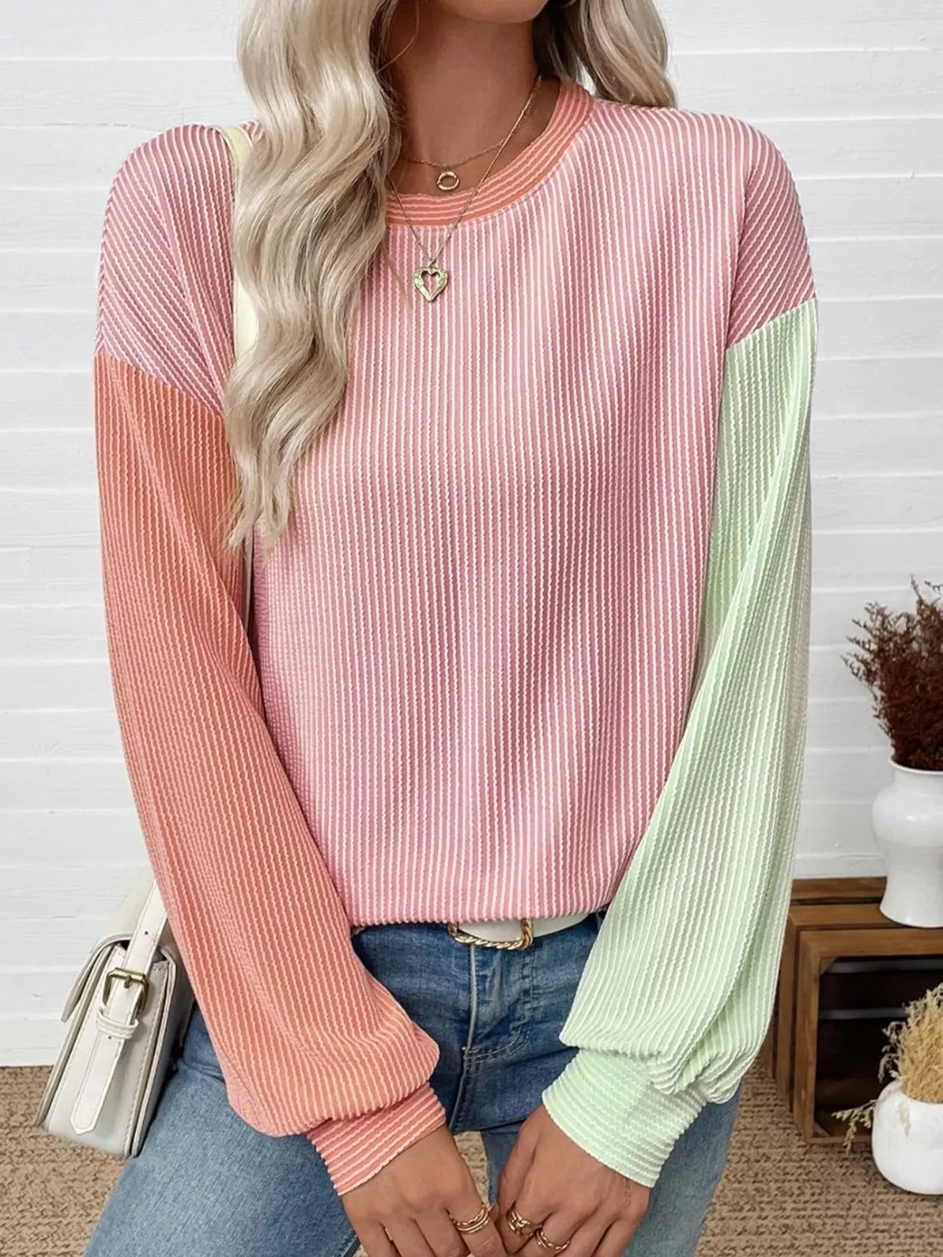 Color Block Ribbed Long Sleeve T-Shirt Trendsi
