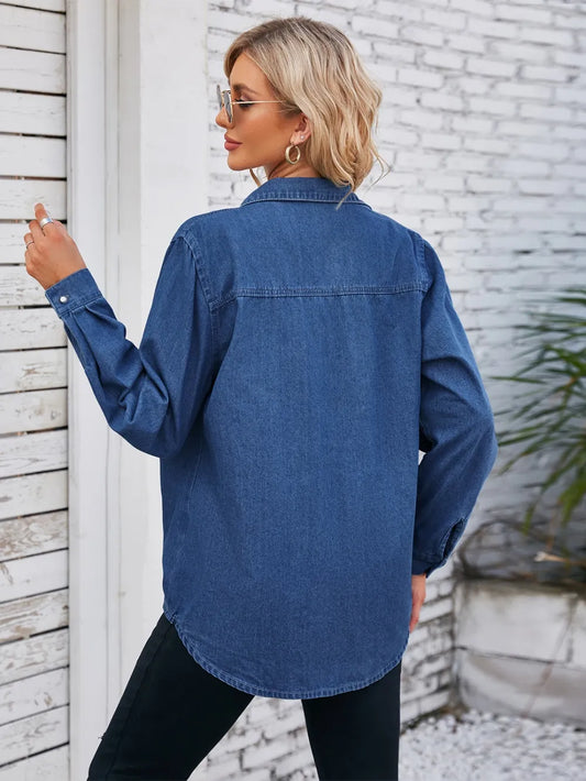 Button Up Collared Neck Denim Jacket nicholesgifts