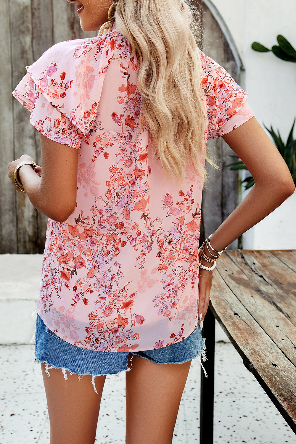 Printed Ruffled Mock Neck Blouse nicholesgifts