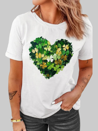 Women Clover Heart Round Neck Short Sleeve Valentine's Day T-Shirt nicholesgifts