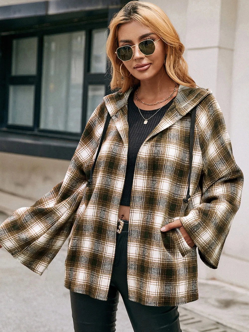 Ivy Lane Pocketed Plaid Long Sleeve Hooded Jacket nicholesgifts