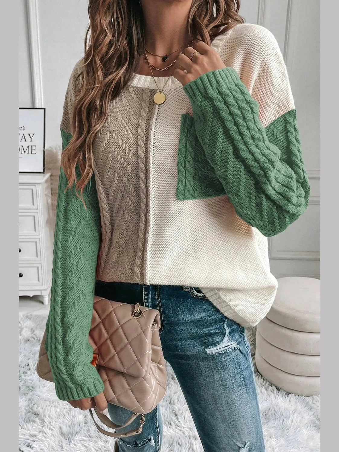 Double Take Full Size Color Block Drop Shoulder Sweater Trendsi