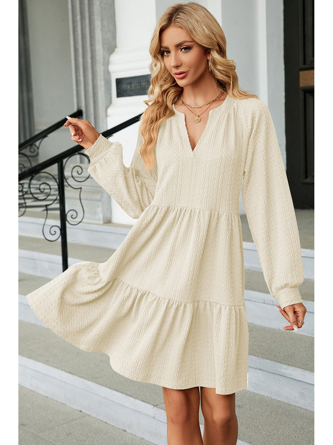 Ruched Notched Long Sleeve Mini Dress nicholesgifts