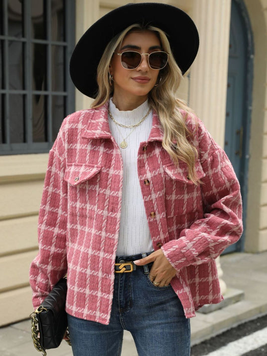 Plaid Collared Neck Long Sleeve Jacket NicholesGifts