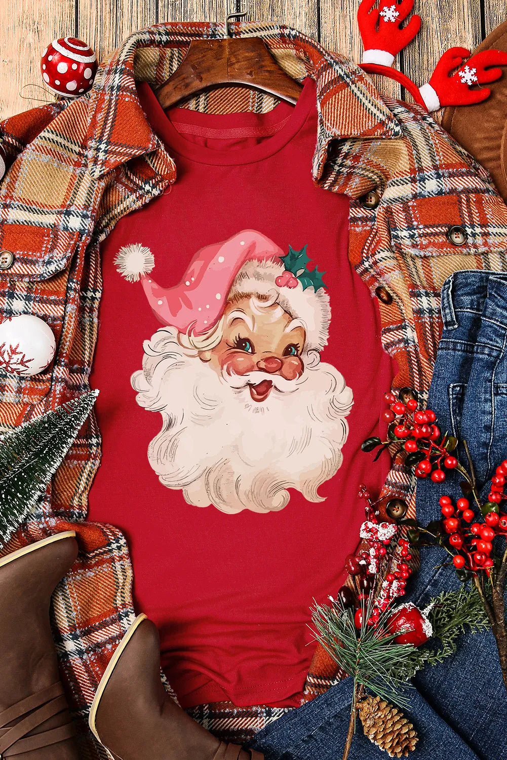 NicholesGifts Women Santa Round Neck Short Sleeve Christmas T-Shirt NicholesGifts