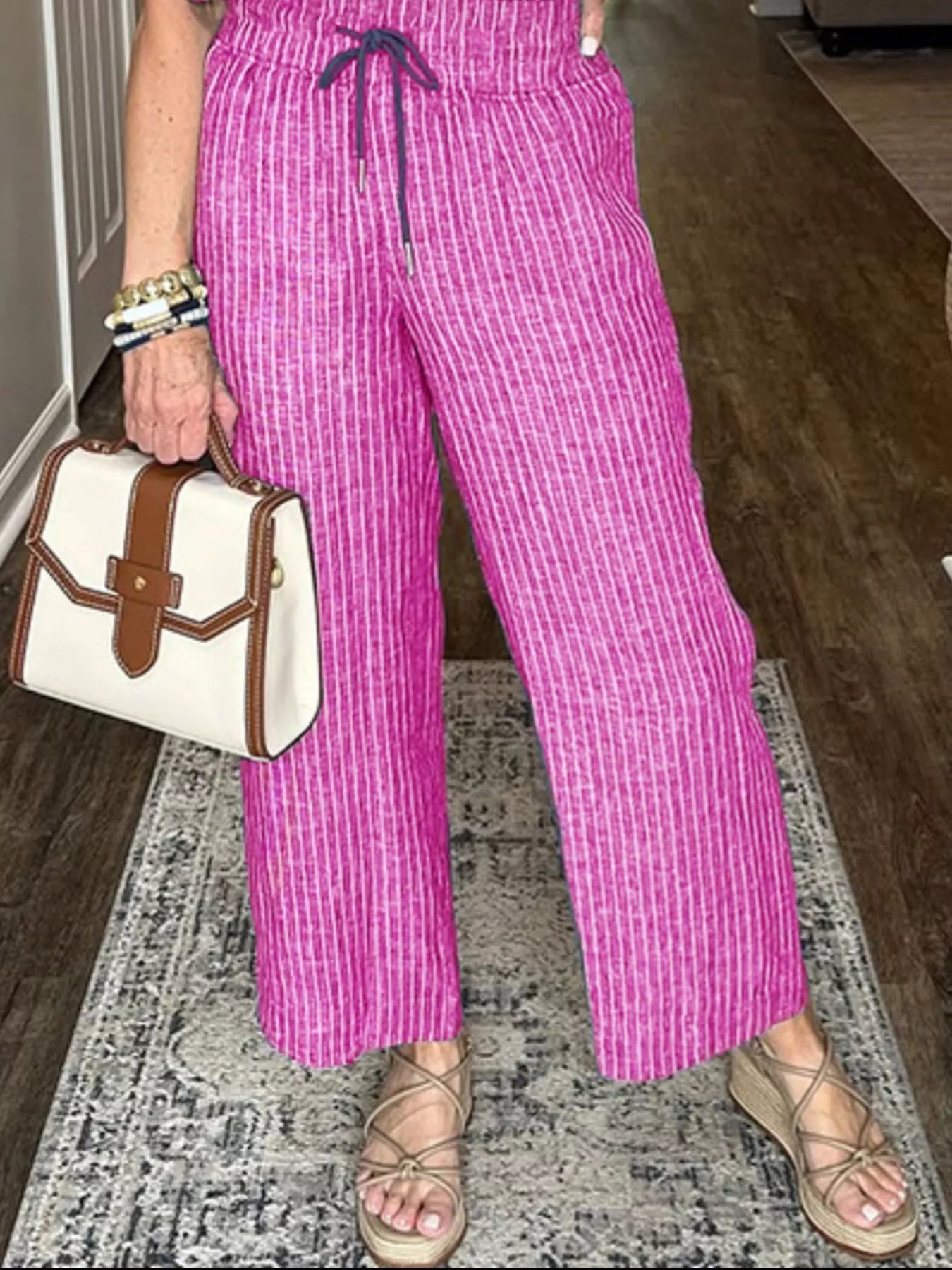 Full Size Striped Button-Up Shirt and Wide Leg Pants Casual Set Plus Size Trendsi