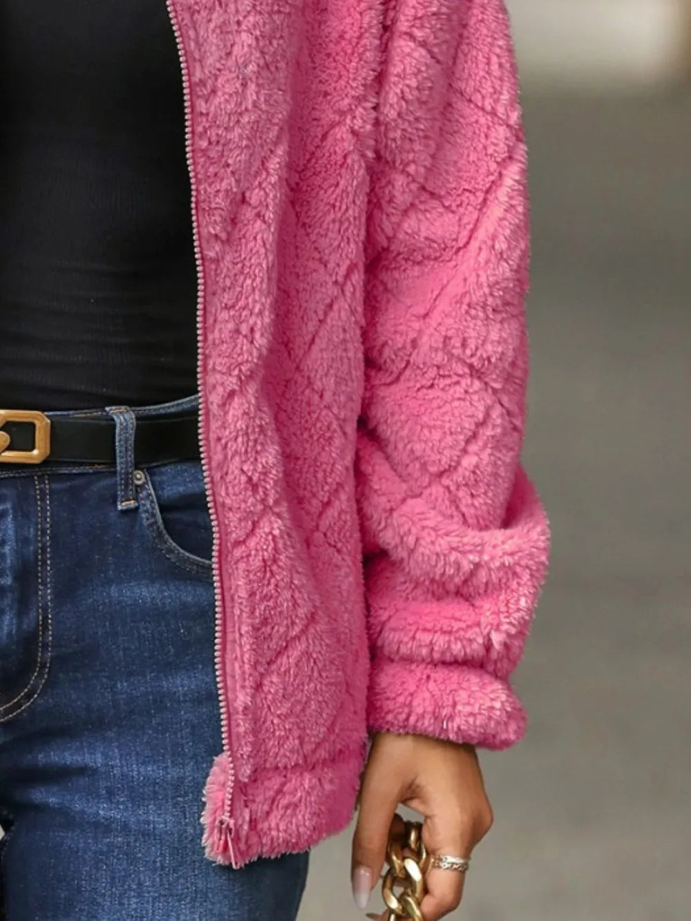 Fuzzy Pocketed Zip Up Jacket nicholesgifts