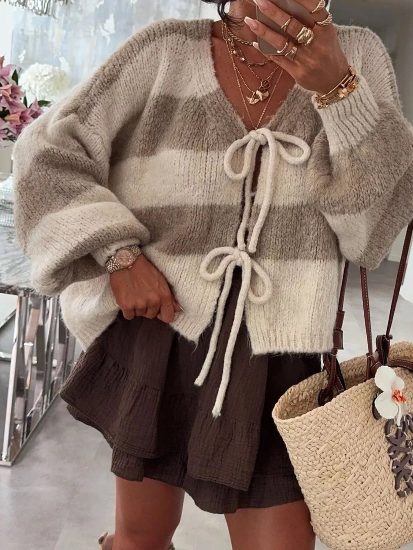 Striped Tie-Front Knit Cardigan Trendsi