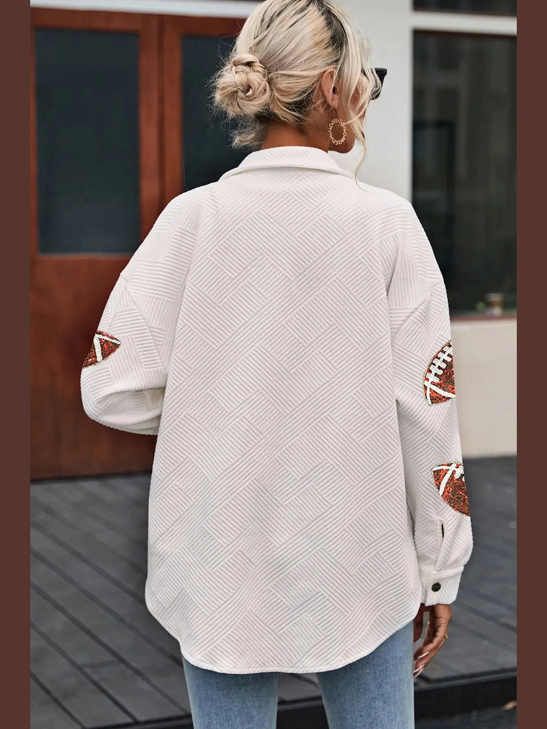 Sequin Football Patch Collared Neck Snap Button Jacket nicholesgifts