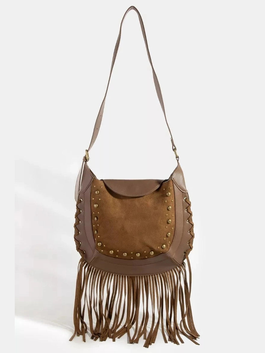 Fame Rivet Trim Suede Fringe Shoulder Bag nicholesgifts