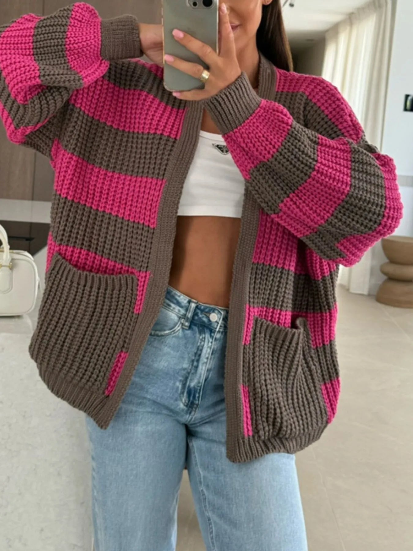 Striped Open Front Long Sleeve Cardigan Trendsi