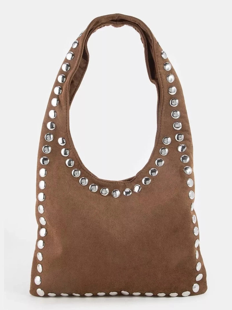 Fame Grommet Border Studded Suede Shoulder Bag nicholesgifts