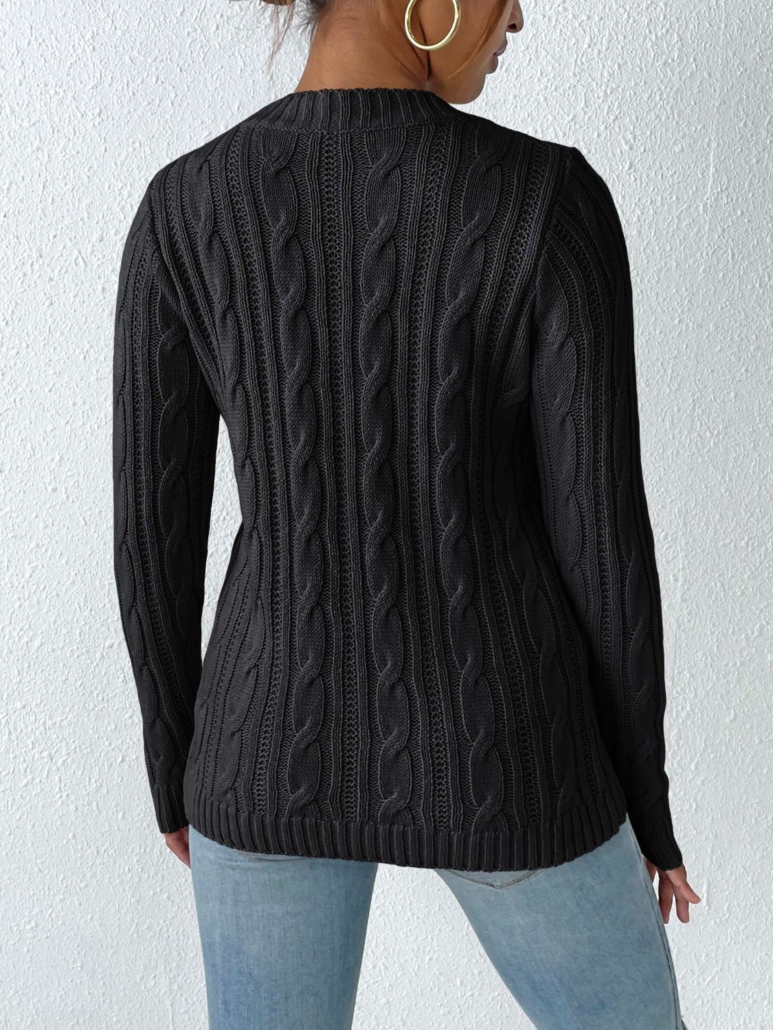 Cable-Knit Round Neck Long Sleeve Sweater nicholesgifts