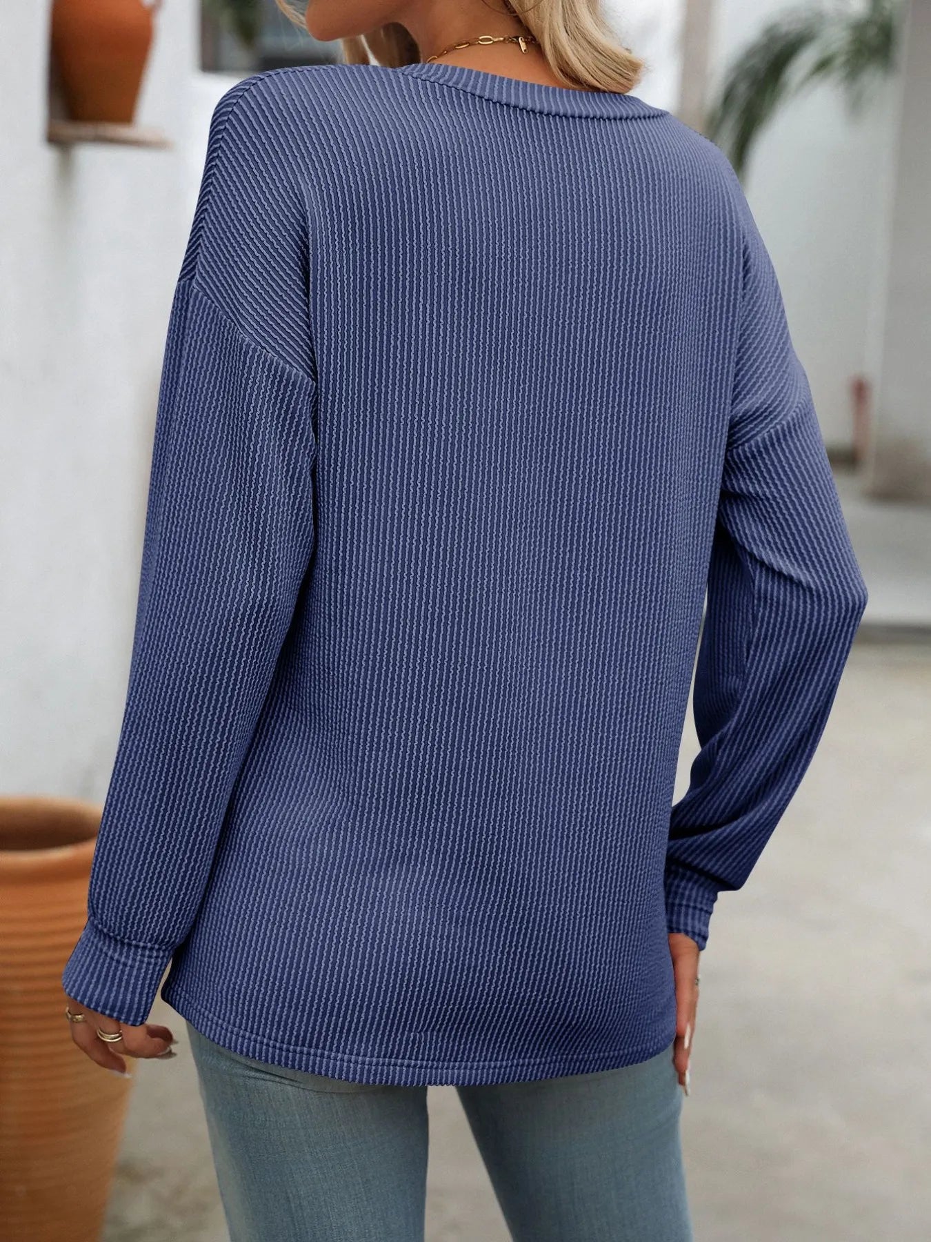 Ribbed V-Neck Long Sleeve T-Shirt
