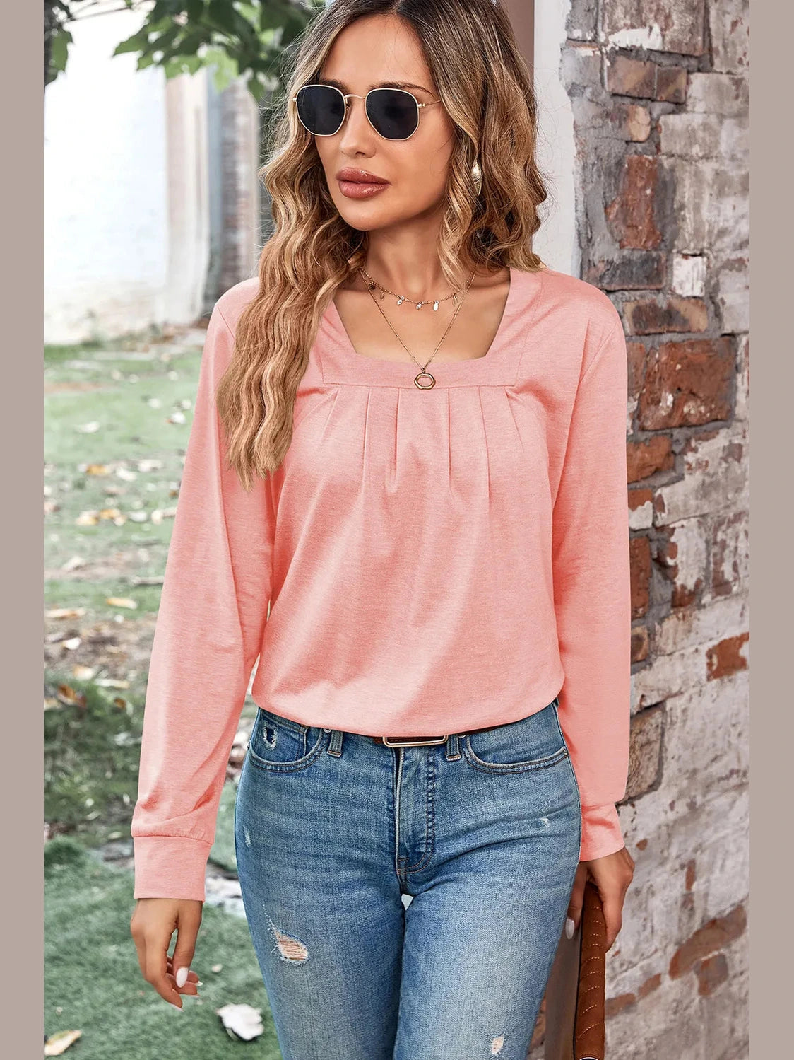 Ruched Square Neck Long Sleeve T-Shirt NicholesGifts