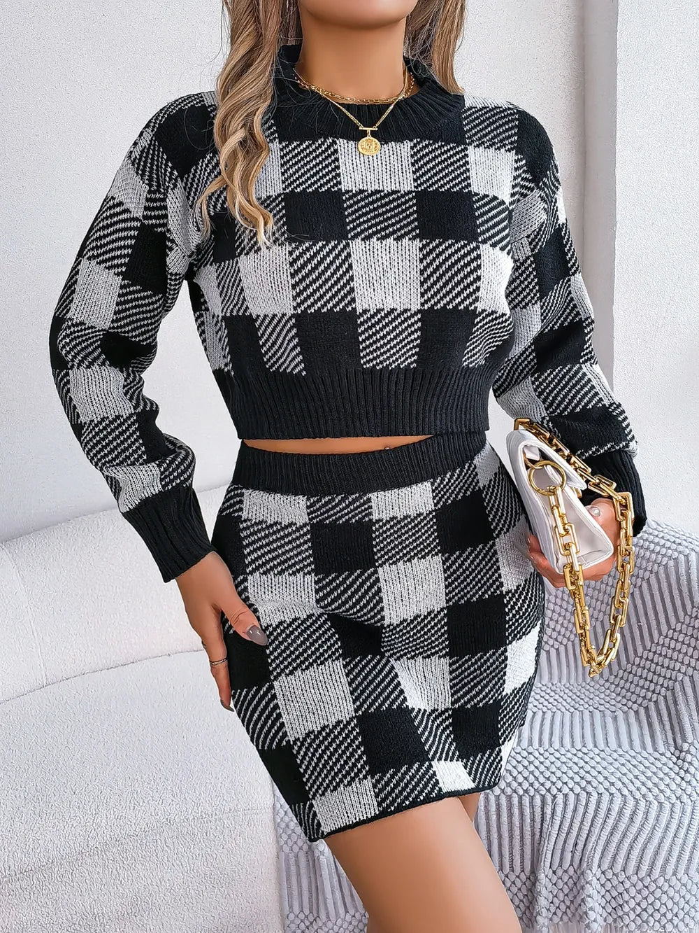 Plaid Round Neck Top and Skirt Sweater Set nicholesgifts
