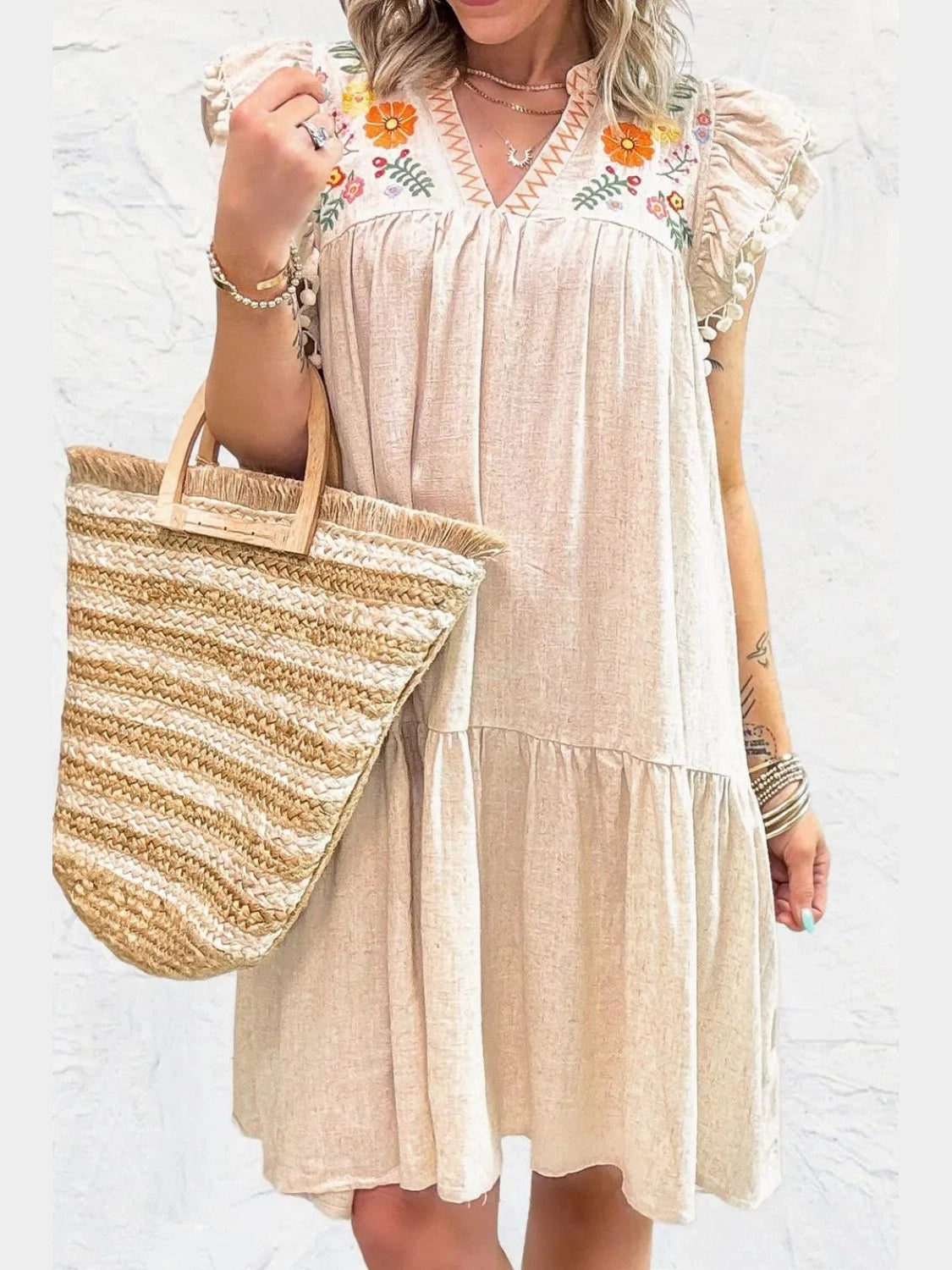 Floral Embroidery Pom Pom Ruffle Sleeves Mini Dress NicholesGifts