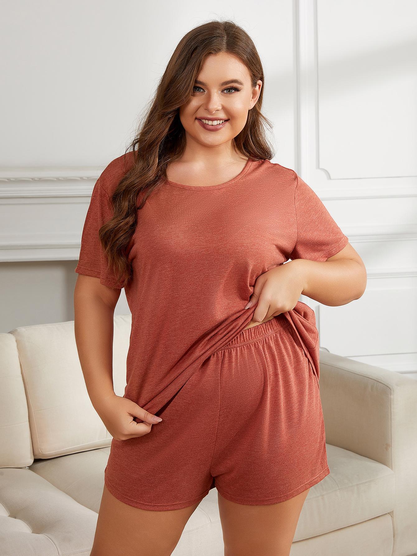 Plus Size Round Neck Short Sleeve Two-Piece Loungewear Set nicholesgifts