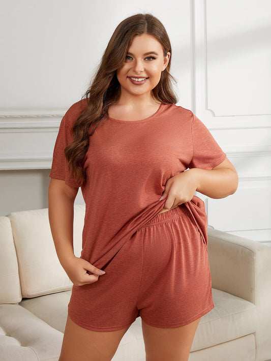 Plus Size Round Neck Short Sleeve Two-Piece Loungewear Set nicholesgifts