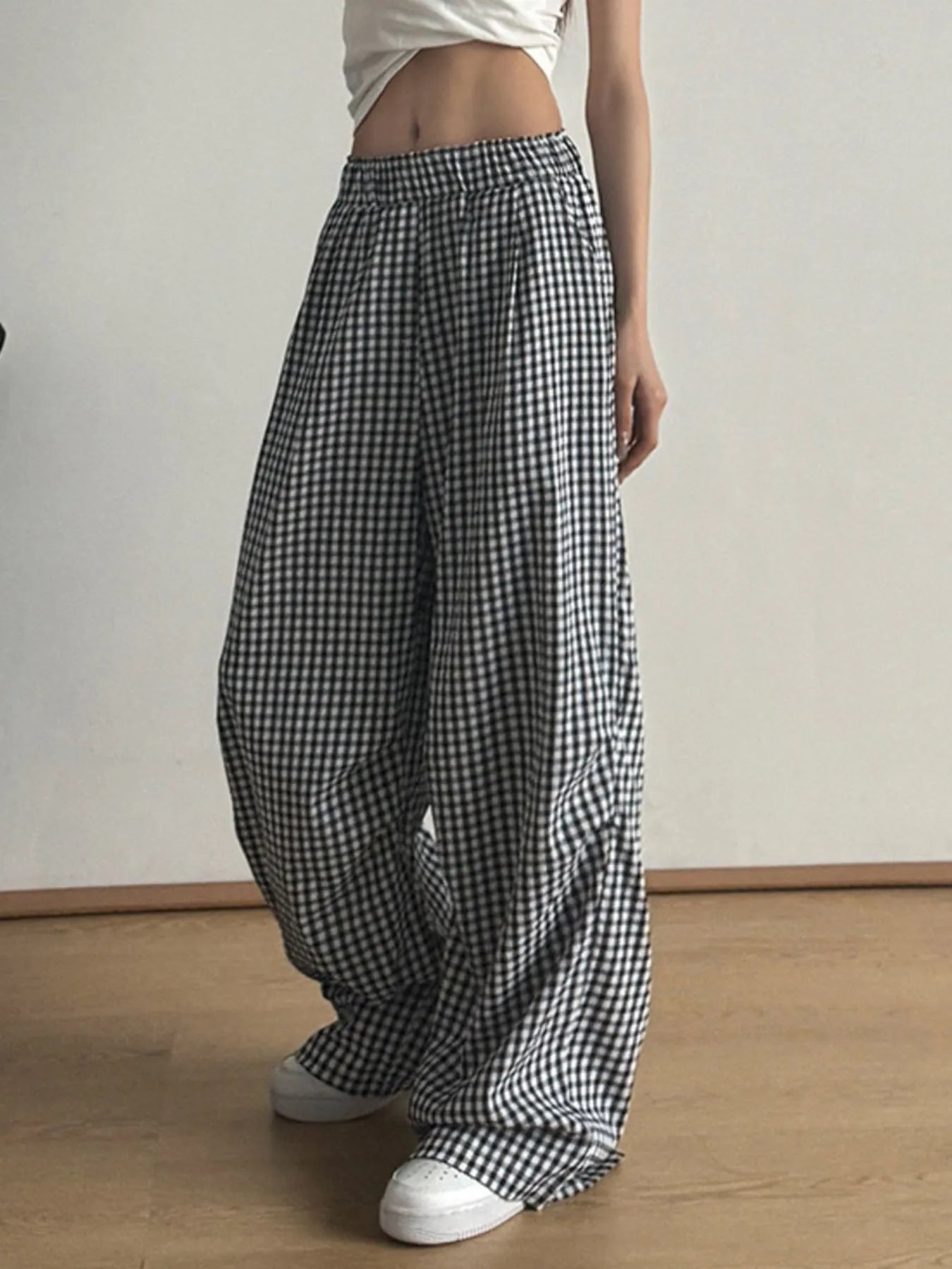 Gingham Check Wide Leg Casual Pants Trendsi