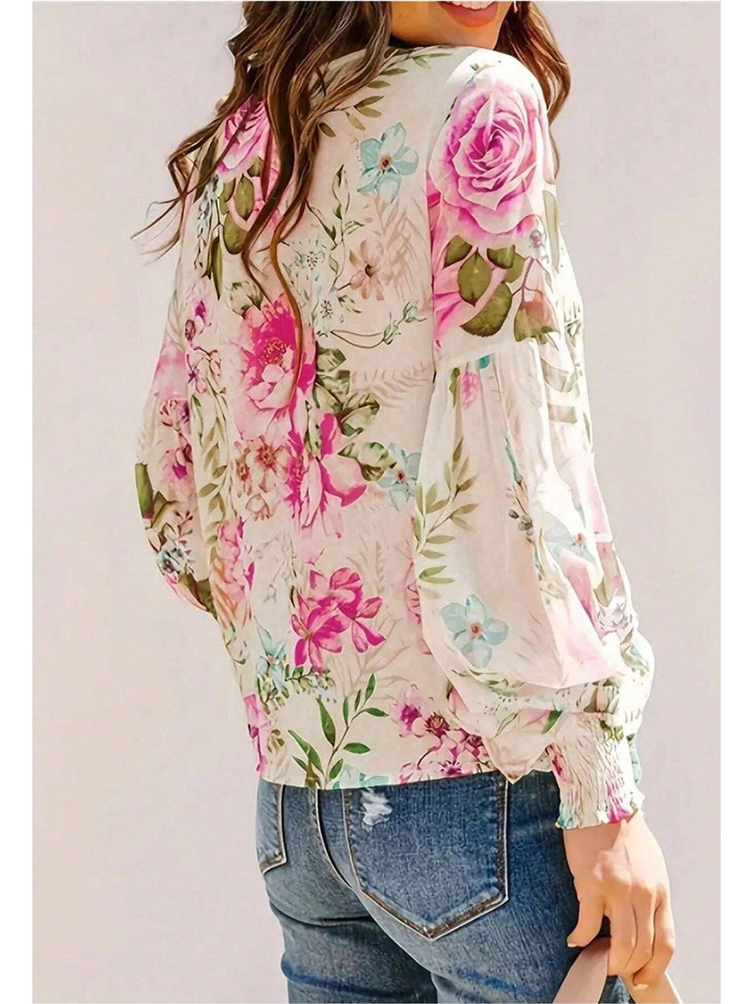 Women Printed Round Neck Lantern Sleeve Blouse nicholesgifts