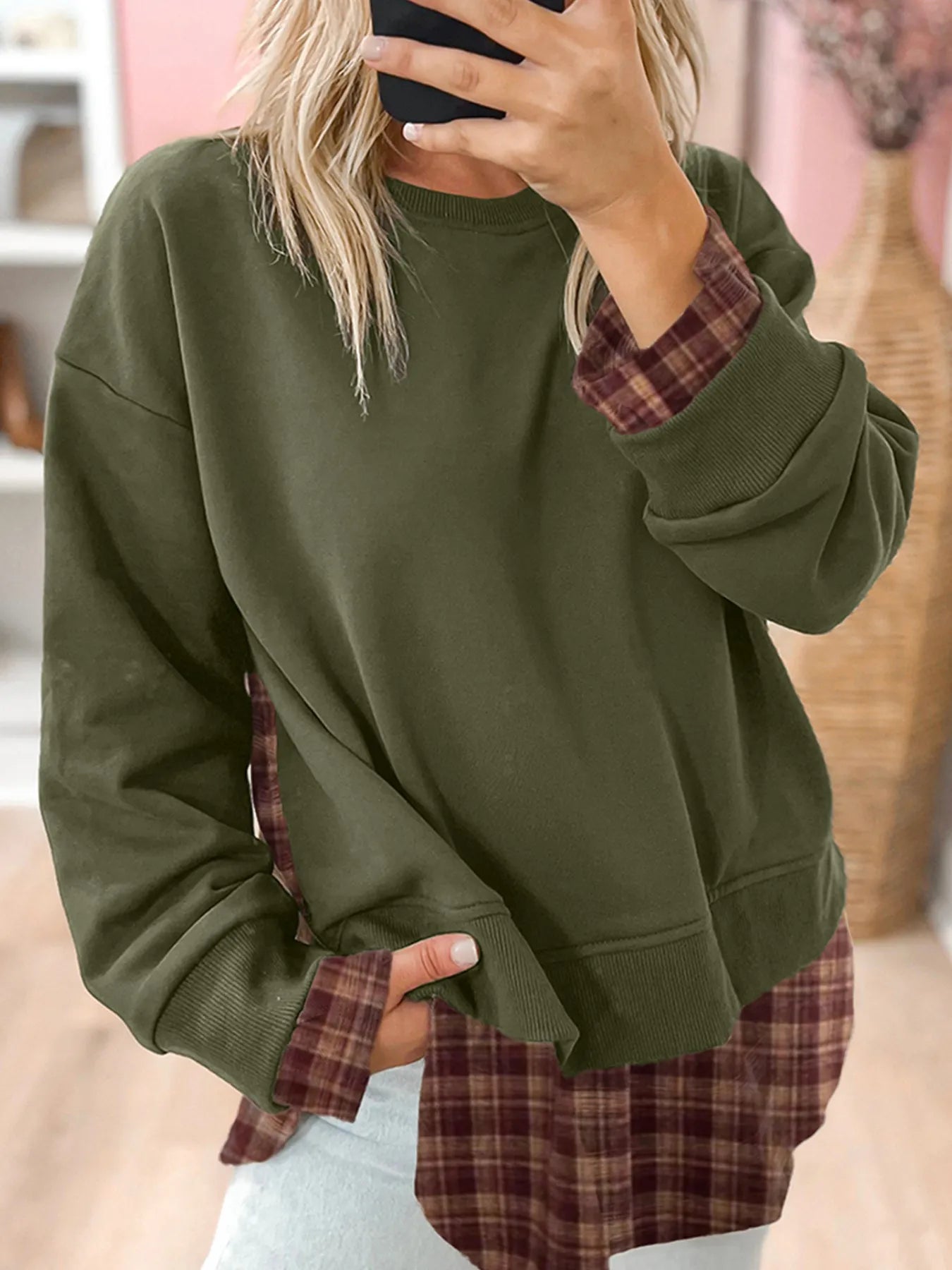 Plaid Patchwork Drop Shoulder Sweatshirt Trendsi