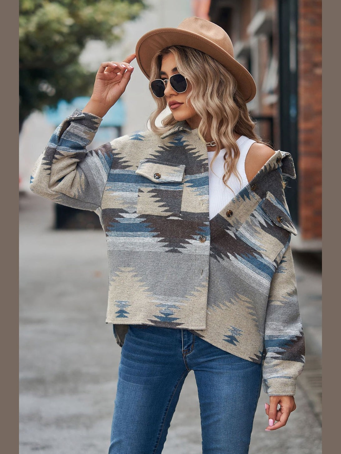 Printed Collared Neck Jacket nicholesgifts