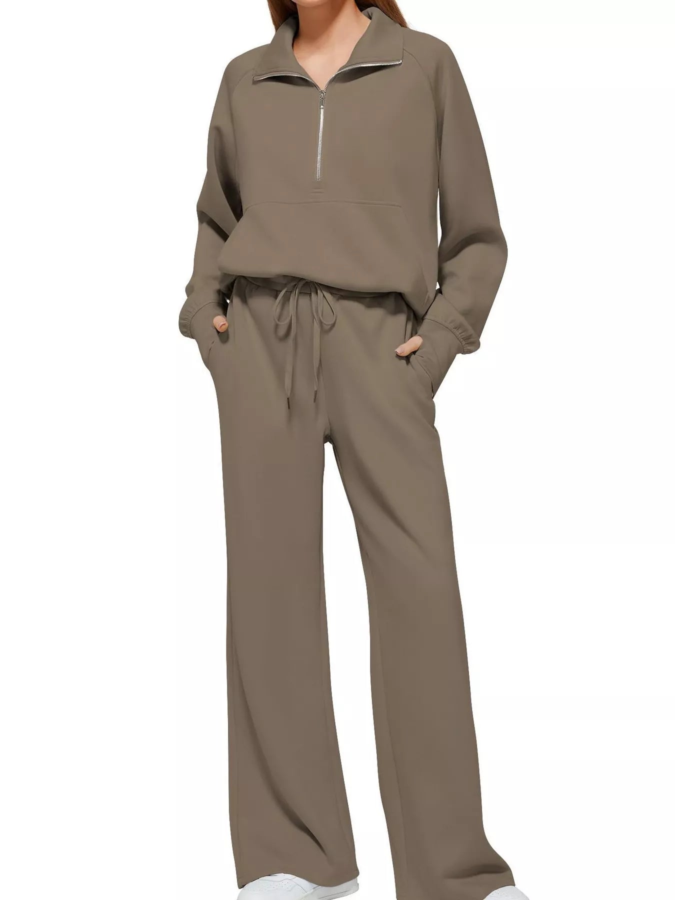 Full Size Half-Zip Sweatshirt and Wide-Leg Pants Set Plus Size Trendsi