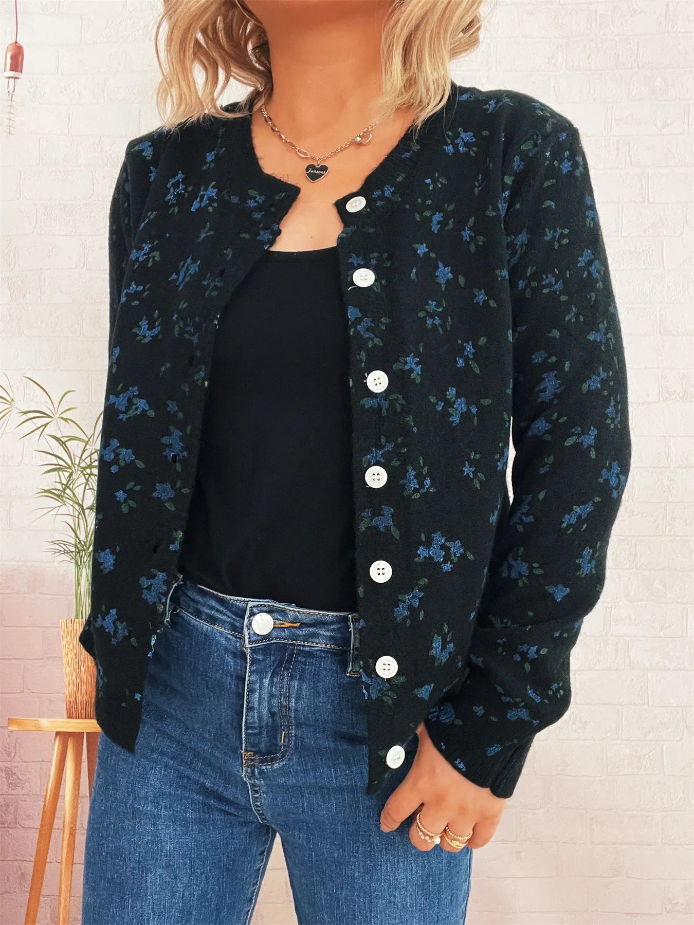 Floral Button-Up Long Sleeve Cardigan
