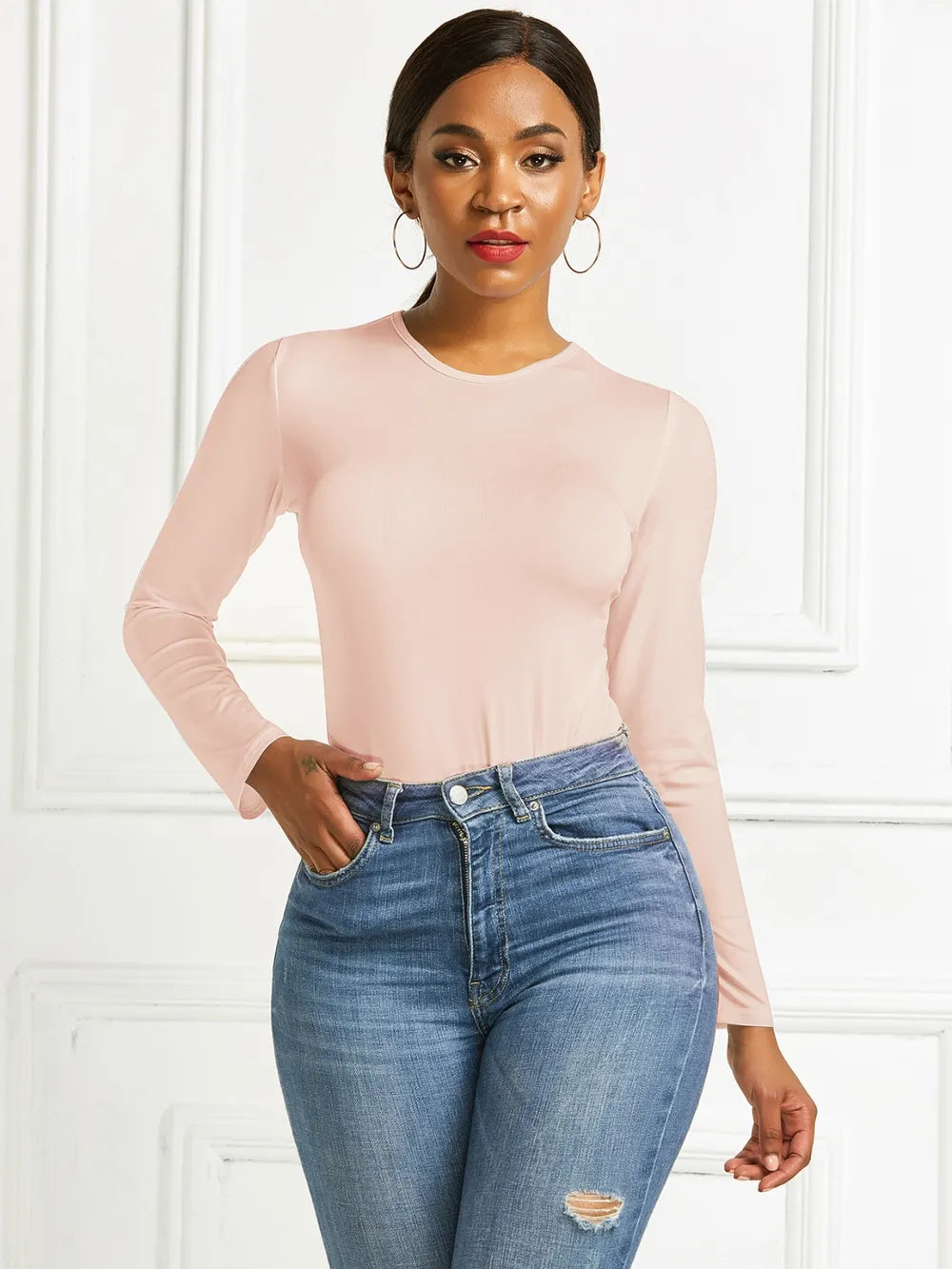 Round Neck Long Sleeve Bodysuit nicholesgifts