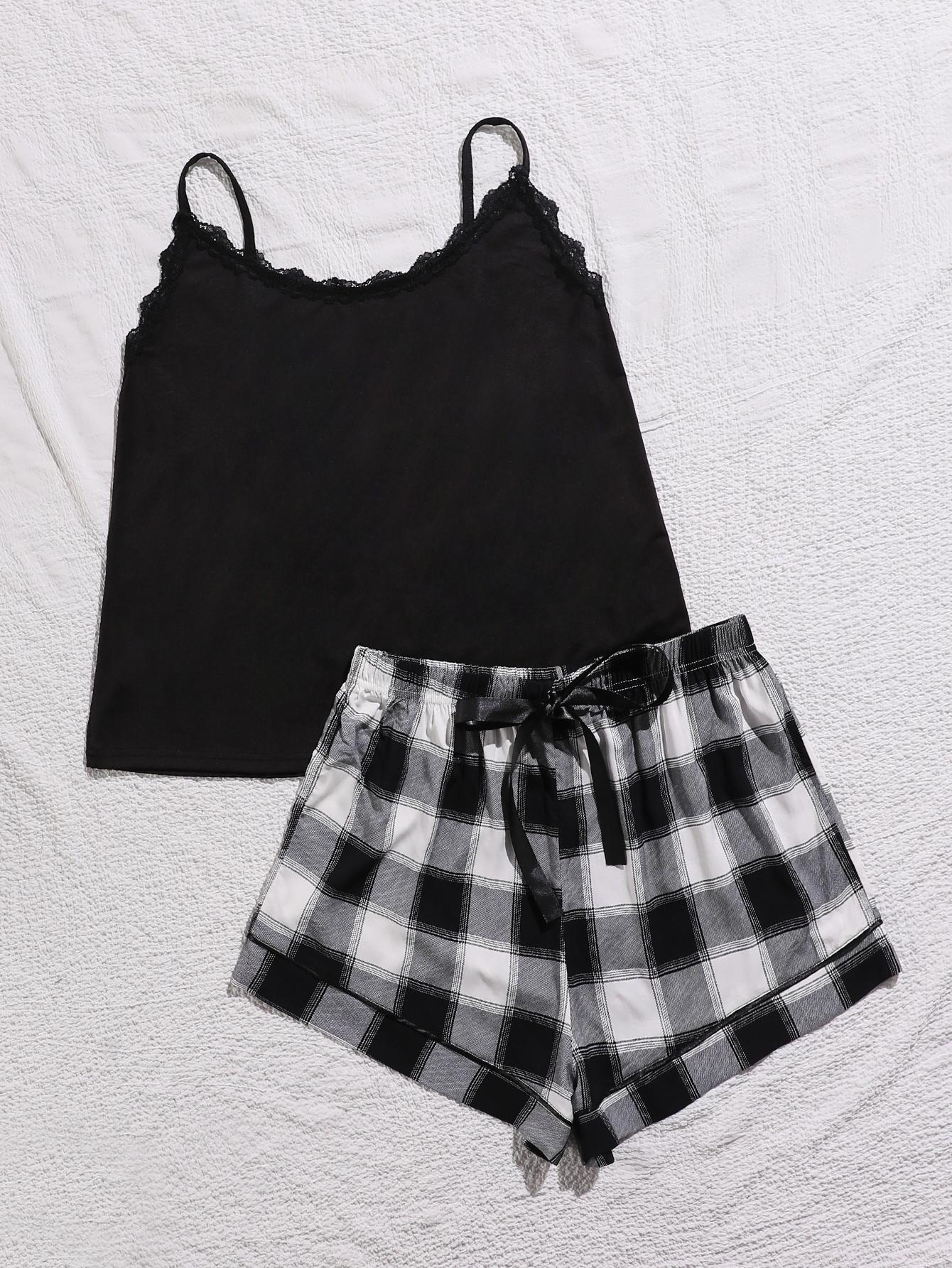 Plus Size Lace Trim Scoop Neck Cami and Printed Shorts Pajama Set nicholesgifts