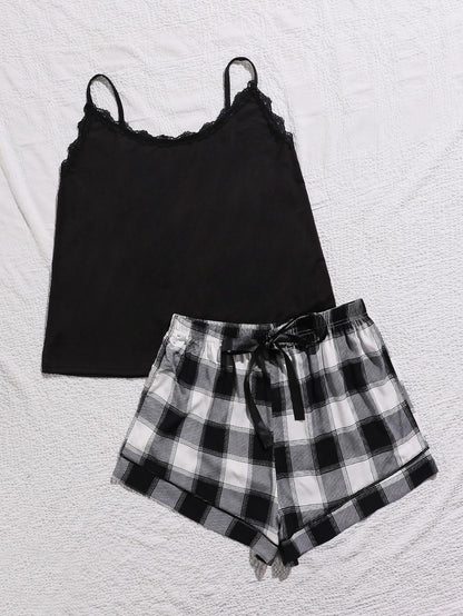 Plus Size Lace Trim Scoop Neck Cami and Printed Shorts Pajama Set nicholesgifts