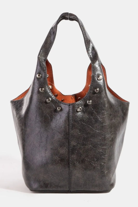 Fame Weathered Faux Leather And Studs Bucket Bag Trendsi