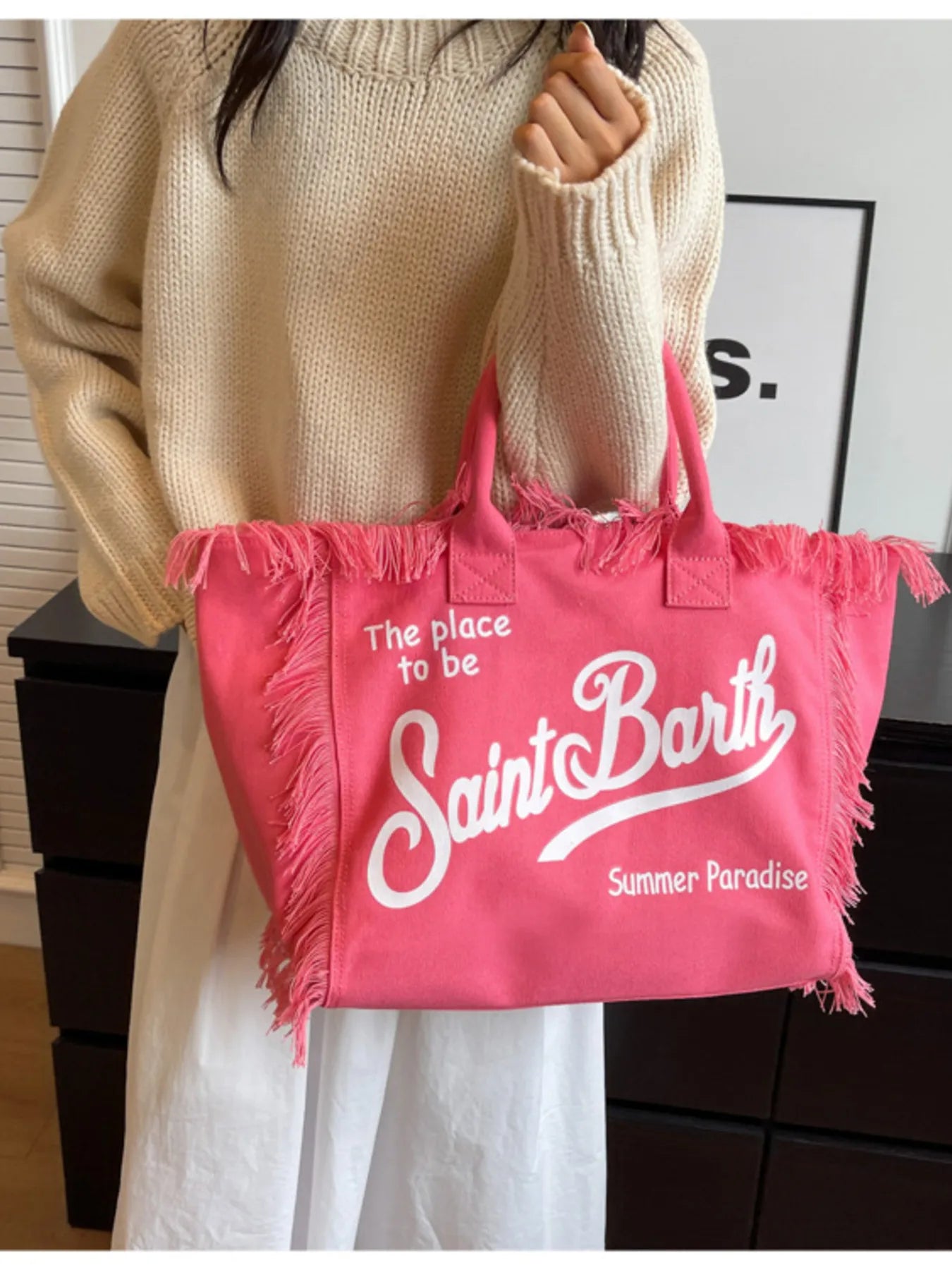 Fringe Letter Canvas Tote Bag Trendsi