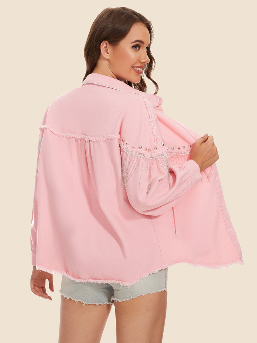 Raw Hem Fringe Detail Denim Jacket nicholesgifts