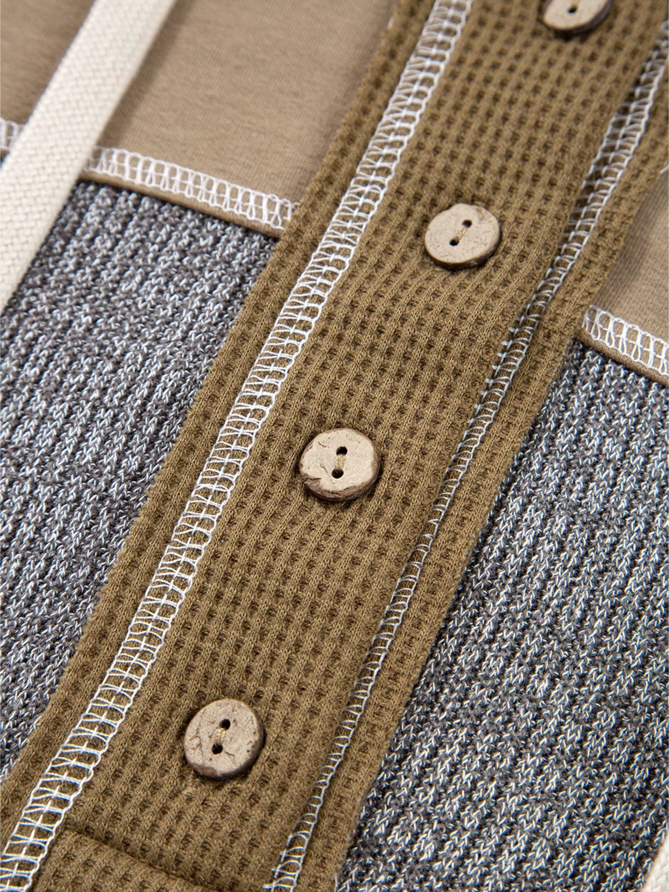 Mixed Texture Patchwork Exposed Seam Half Button Hoodie Trendsi