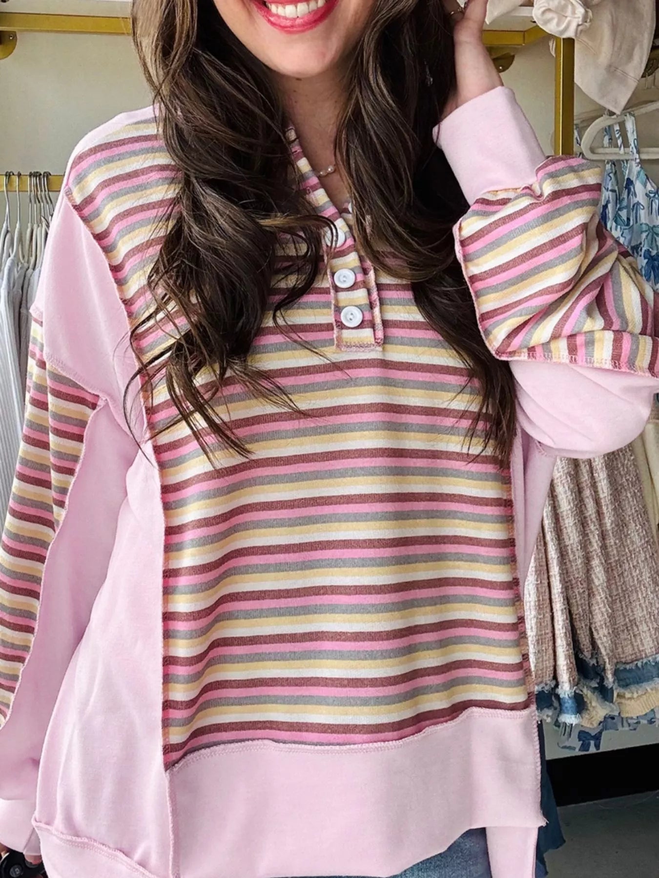 Exposed Seam Color Block Striped Patchwork Loose Henley Sweatshirt nicholesgifts