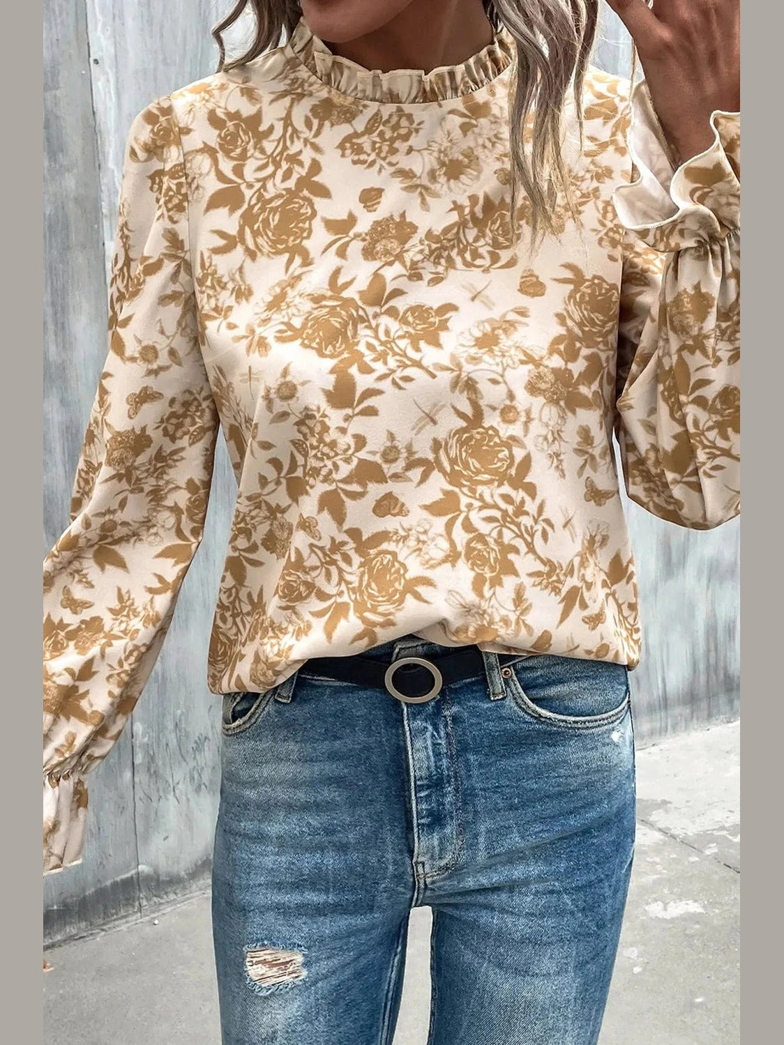 Floral Print Mock Neck Flounce Sleeve Blouse