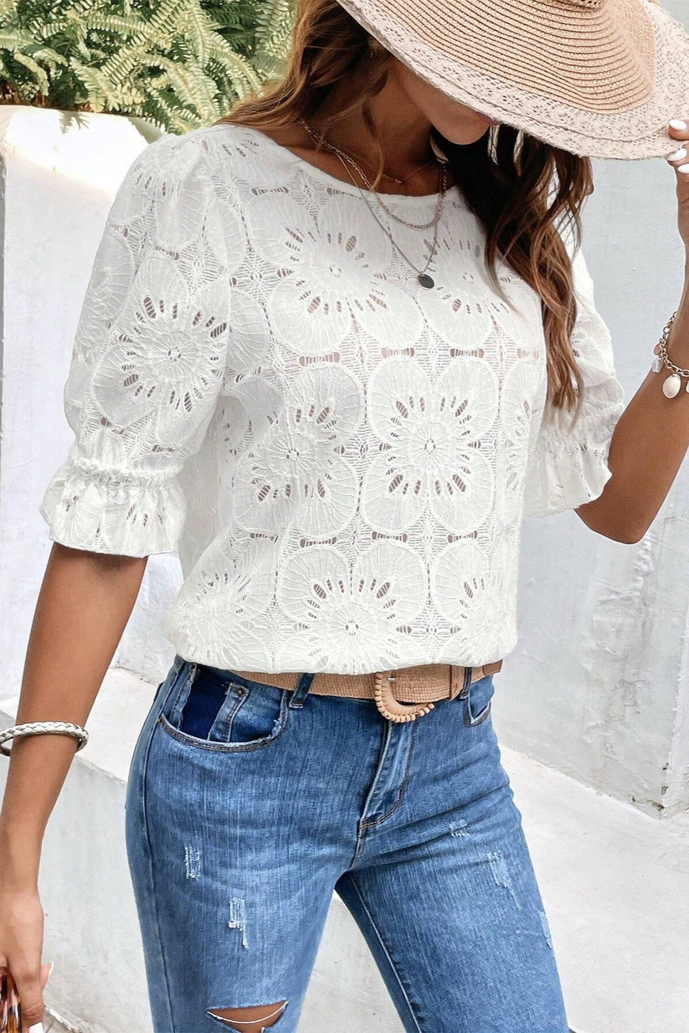 Round Neck Flounce Sleeve Blouse nicholesgifts